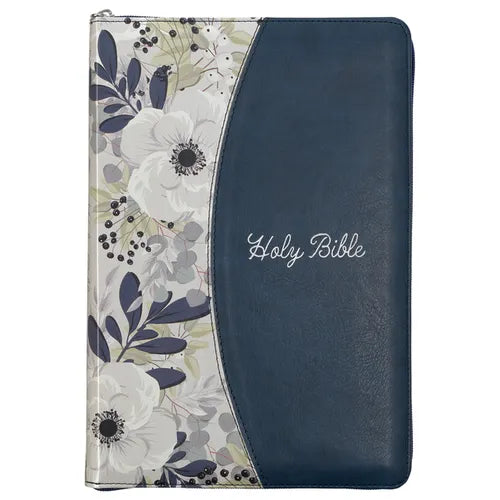 KJV Bible Thinline Large Print (Faux Leather, Blue Floral Printed W/Zipper) - Leather