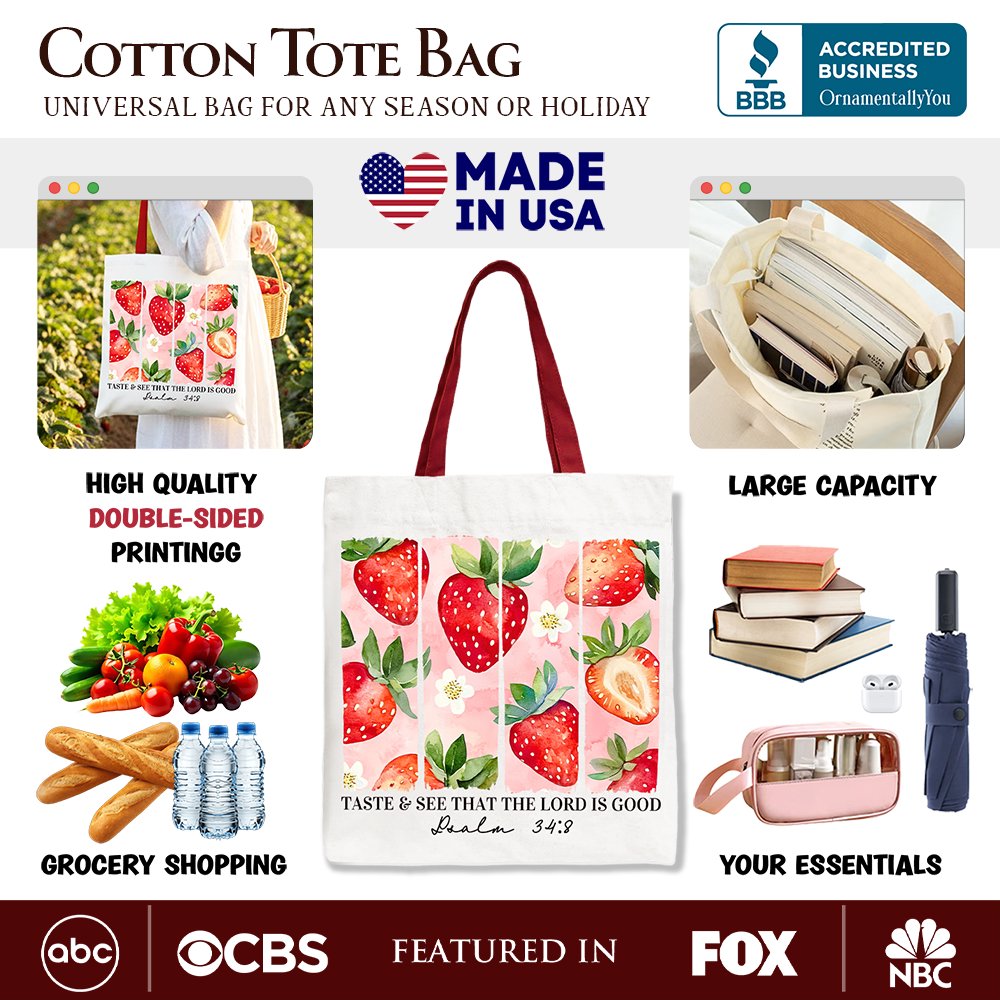 Taste and See That The Lord is Good Strawberry Canvas Tote Bag, Christian Faith Gift Shopper