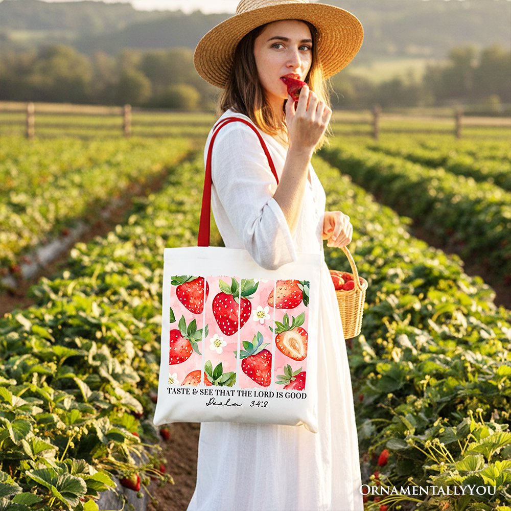 Taste and See That The Lord is Good Strawberry Canvas Tote Bag, Christian Faith Gift Shopper