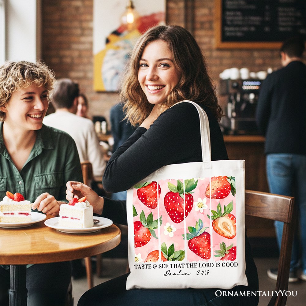 Taste and See That The Lord is Good Strawberry Canvas Tote Bag, Christian Faith Gift Shopper